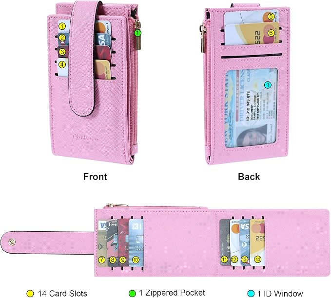 Chelmon Women's RFID Slim Card Holder Wallet | Thin Bifold Multi Card Case with Zipper Coin Pocket Purse for Women(Pink) - Image 3