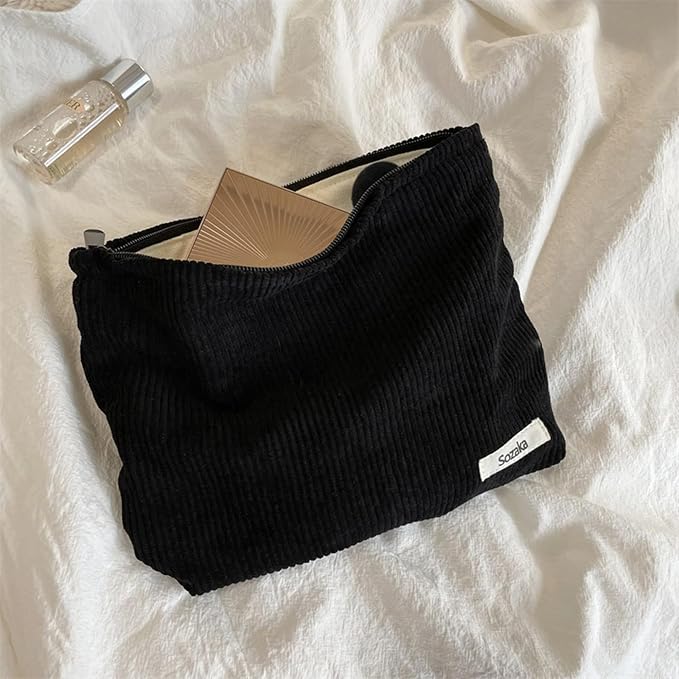 Cosmetic Bags for Women - Corduroy Cosmetic Bag Aesthetic Women Handbags Purses Smile Dots Makeup Organizer Storage Makeup Bag Girls Case Bags (Pure Black) - Image 2