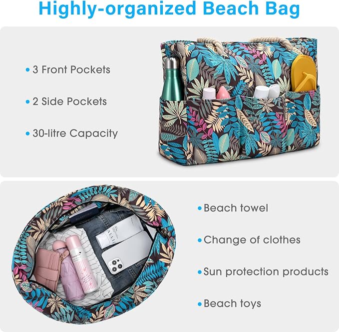 Becokan Beach Bags for Women Canvas Large Beach Tote Bag Zipper Waterproof Sandproof Foldable Swim Pool Bag with 7 Pockets - Image 7