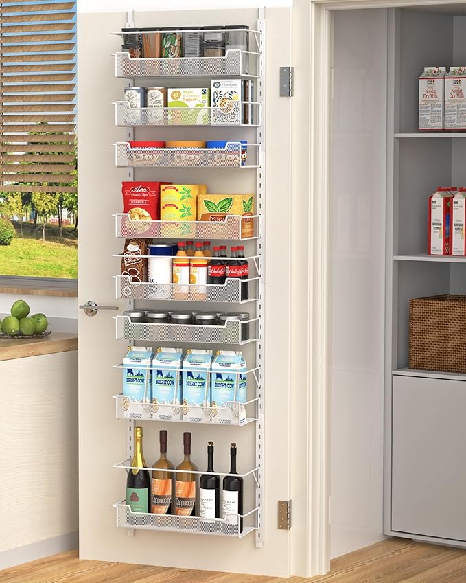 VyGrow Over the Door Pantry Organizer, 8-Tier Over the Door Organizer with Adjustable Basket, Pantry Door Organization for Pantry Kitchen Storage Room Spice Rack, White by VyGrow