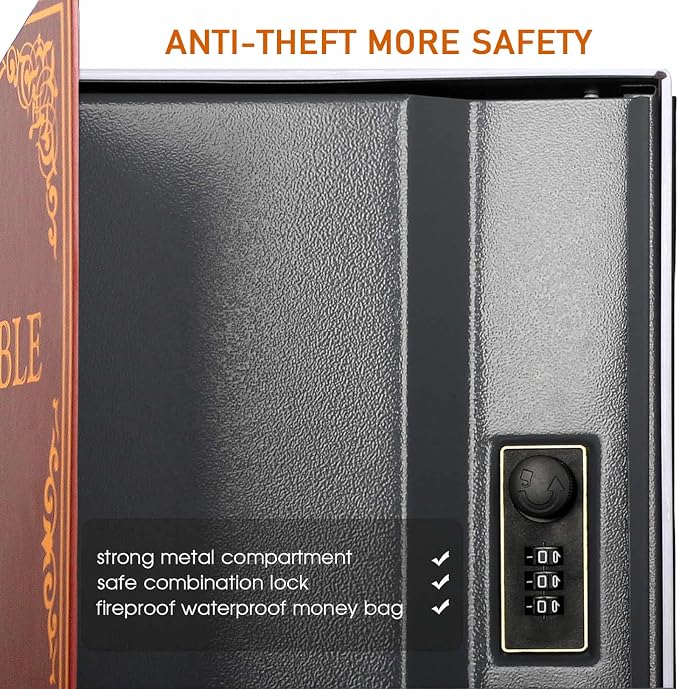 Diversion Book Safe with 4200°F Fireproof Money Bag and Combination Lock, 10.5" x 7.9" x 2.5" Fake Book Hidden Storage Safe, Hollow Secret Portable Metal Storage Box for Cash, Valuables - Easter Bible - Image 4