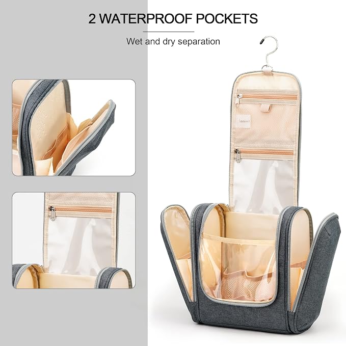 Hanging Toiletry Bag for Women & Men, Cruise Ship Travel Essentials, Holds Full Size Shampoo, with Dry and Wet Separation Cosmetic Bag, Makeup Organizer Bag, Bathroom Water-resistant Bag, Grey - Image 5