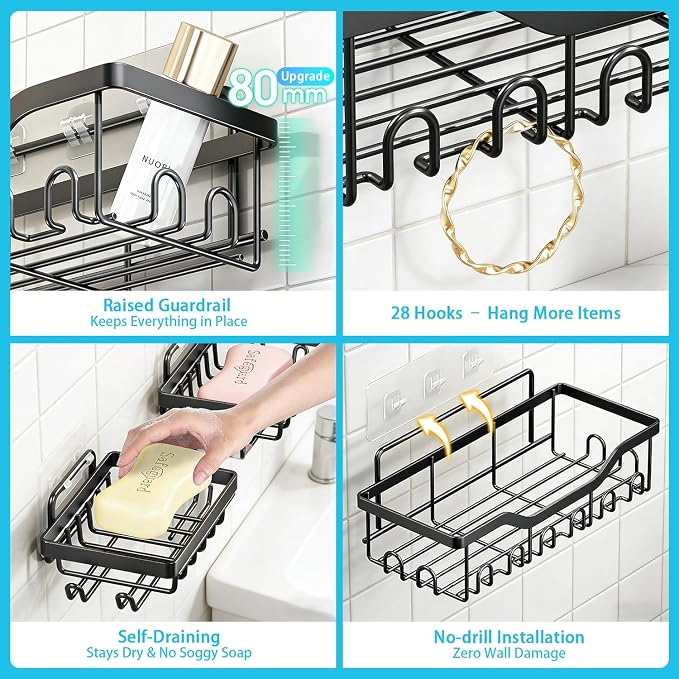 Fammart Adhesive Shower Caddy, 5-Pack Rustproof Stainless Steel Bathroom Organizer with 28 Hooks, No-Drill Large Capacity Shower Shelves for Bathroom Storage & Home Décor, Black - Image 6