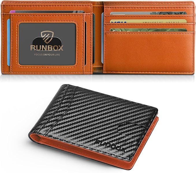 RUNBOX Wallet for Men Slim Leather Bifold RFID Blocking Minimalist Front Pocket Design with Gift Box | Minimalist Front Pocket Design, Holds 8 Cards, RFID Protection, Gifts for Men on Birthdays, Father’s Day, and Christmas by RUNBOX