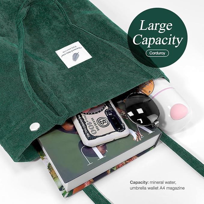LHMTQVK Corduroy Tote Bags for Women, Large Capacity Tote Purse Reusable Grocery Shoulder Bag with Inner Pockets - Image 3