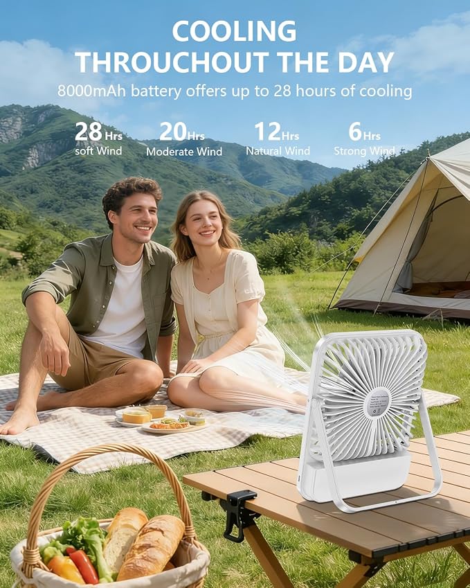 8000mAh 28hrs Portable Travel Fan with Timer&Light, Ultra-Thin,7in | <42dB quiet for sleeping,cruise approved,4 Speeds,3 Lighting Modes,LED Display,Battery Powered Fan for Travel Hotel Office - Image 8