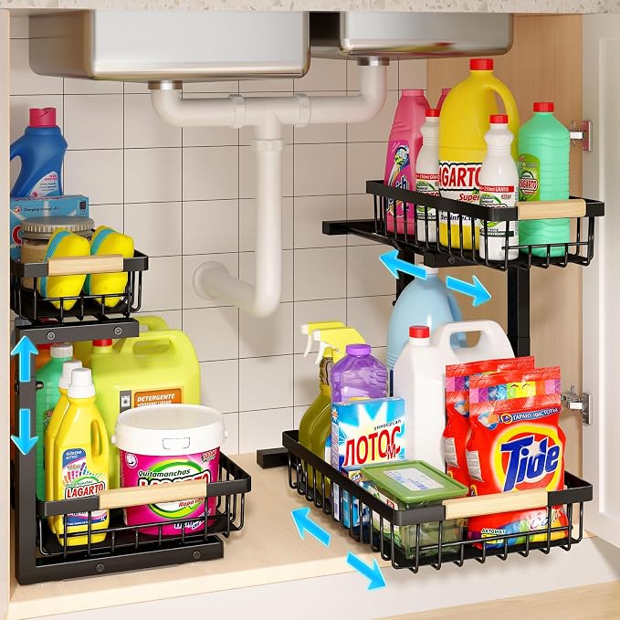 Under Sink Organizer, 2 Pack Height Adjustable Under Sink Organizers and Storage, 2 Tier Pull Out Drawer Cabinet Storage for Kitchen Bathroom by REALINN