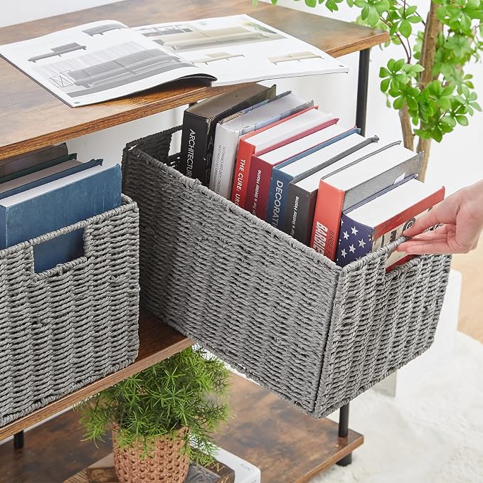 Wicker Storage Basket, Set of 2 Hand-Woven Paper Rope Wicker Basket, Small Storage Baskets for Organizing Toilet Paper Basket, Foldable Large Cube Storage Organizer Bins for Shelves (Grey) - Image 6