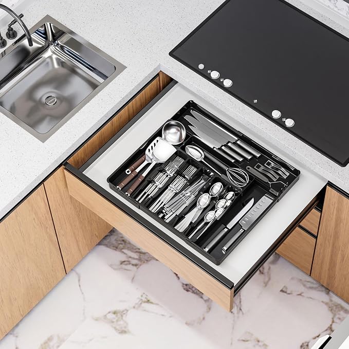 BPA-Free Expandable Utensil Drawer Organizer - Black Plastic Adjustable Storage Tray for Kitchen Flatware, Knives, Forks and Spoons - Image 3
