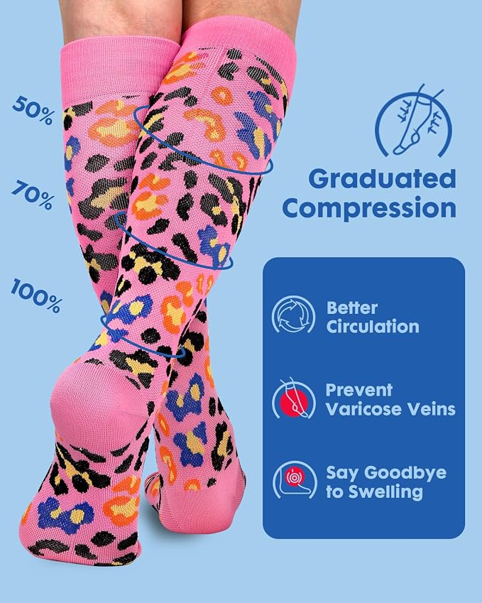 Compression Socks for Women 15-20 mmHg, 2 Pairs | Graduated Support, Knee High Fit, Polyester Stretch, Circulation Comfort, Nurses, Travel, Athletes, Flight, Daily, Patterned - Image 4