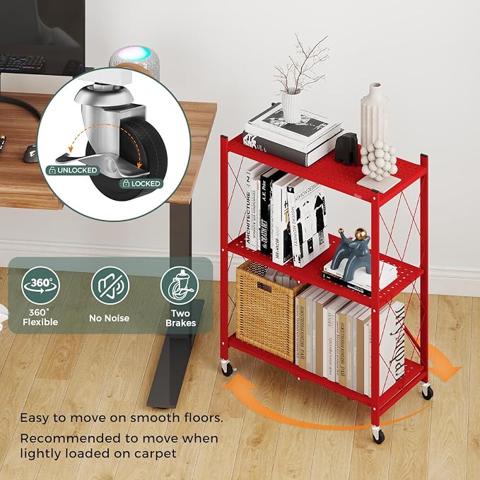 DEANIC 3 Tier Foldable Storage Shelves with Wheels, Kitchen Appliance Stand, Freestanding Metal Wire Shelf Rack, No Assembly Organizer Rolling Cart for Garage, Basement, Pantry(Red Pack of 2) - Image 9