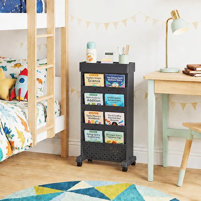 BYFU 5-Tier Movable Bookshelf Cart, 26.0" H, Black | Rolling Wheels, File Paper Storage Organizer, Mobile Bookcase, For Home Office Study Classroom - Image 2