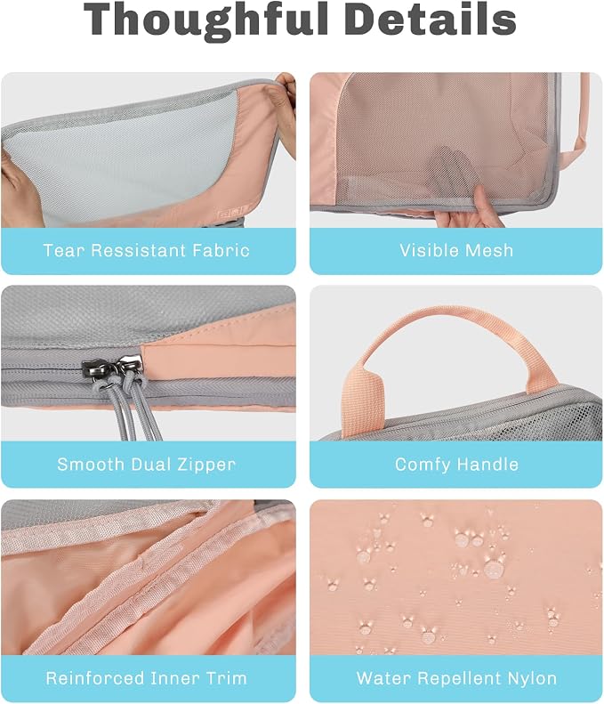 6 Set/ 4 Set/ 2 Set Compression Packing Cubes Travel Essentials Lightweight Nylon Luggage Suitcase Organizer Bag Light Pink 2PCS - Image 7