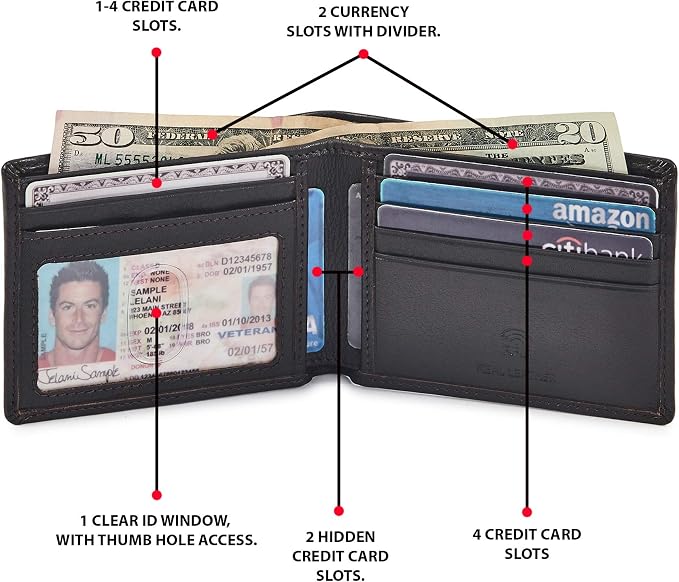 Real Leather Mens Bifold Wallet RFID Blocking Slim Minimalist Front Pocket - Thin & Stylish with ID Window in Gift Box (Nappa, Dark Chocolate) - Image 3