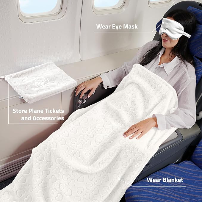 Travel Blanket, Airplane Blanket, Ultra-Soft, Warm & Lightweight, 65x40 in, Outdoor Blanket Essentials for Women, Men & Kids, Included Eye Mask, Luggage Sleeve & Backpack Clip Heart Cream - Image 2