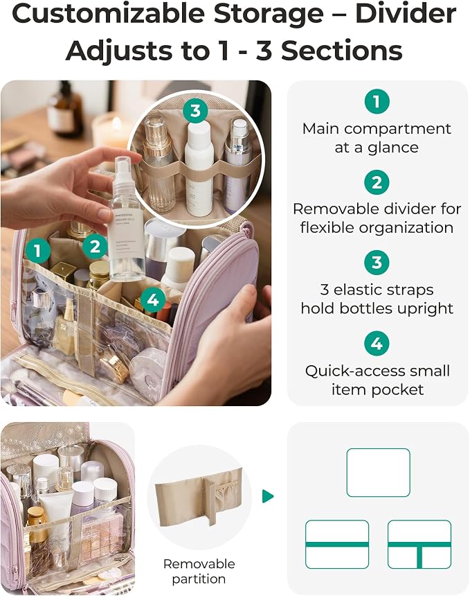 BAGSMART Puffy Travel Makeup Bag, Portable Hanging Toiletry Organizer with Removable Partition, Organizer for Travel-Sized Shampoo, Conditioner, Brushes Set, makeup Accessories, Camel - Image 2