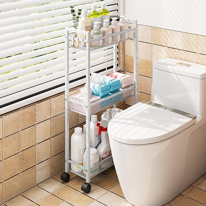 Slim Rolling Storage Cart, Metal 3 Tier Bathroom Storage Organizer Laundry Room Utility Cart for Kitchen, Bthroom, Makeup, Craft, Laundry Narrow Places, White - Image 6