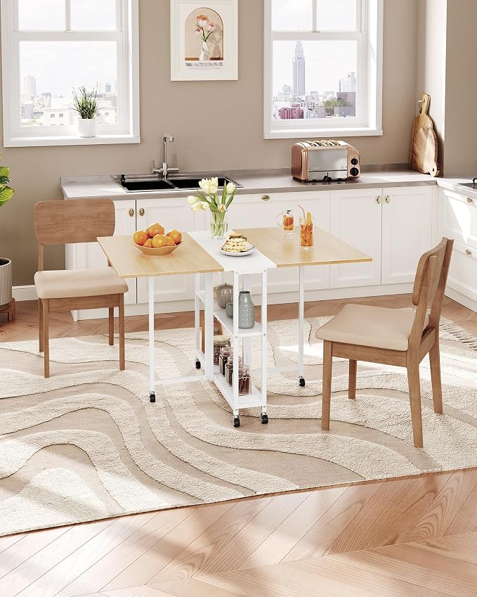 Folding Dining Table, Movable Dining Table, Kitchen Table for Small Space, Foldable and Expandable Desk Furniture with 6 Wheels, for Dining, Living Room, Apartment, White and Natural TCZ01WN - Image 2