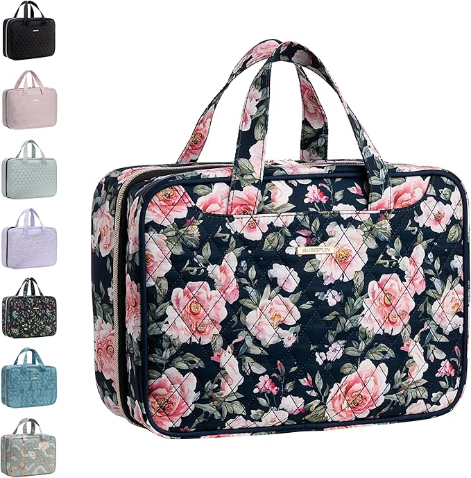 Everfun Travel Toiletry Bag with Hanging Hook and Leakproof Wet/Dry Compartments, Large Capacity Makeup Cosmetic Organizer for Women, 12x9x4.5 Inch, Black Floral by EVERFUN
