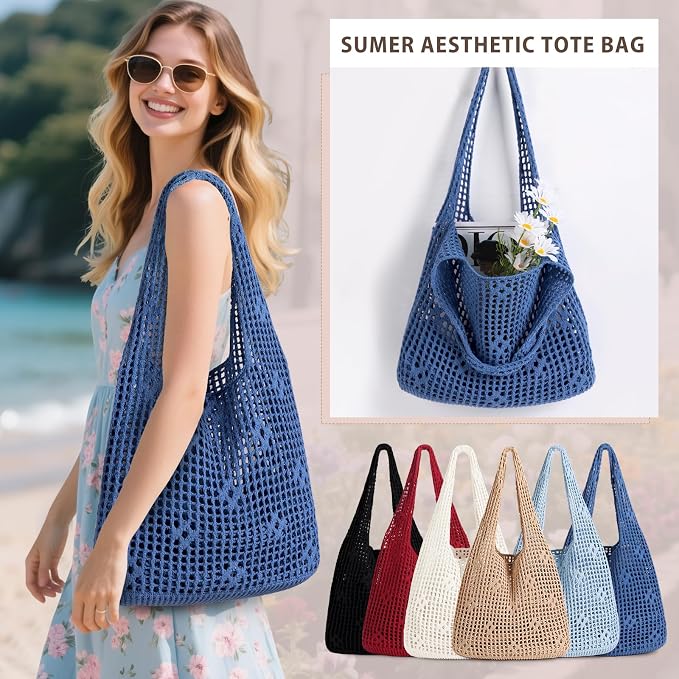 Sightor Crochet Tote Bag, Mesh Beach Bag Knit Summer Hobo Bag for Women | Beach Tote bag Vacation Outfits Aesthetic Boho Bag - Image 6