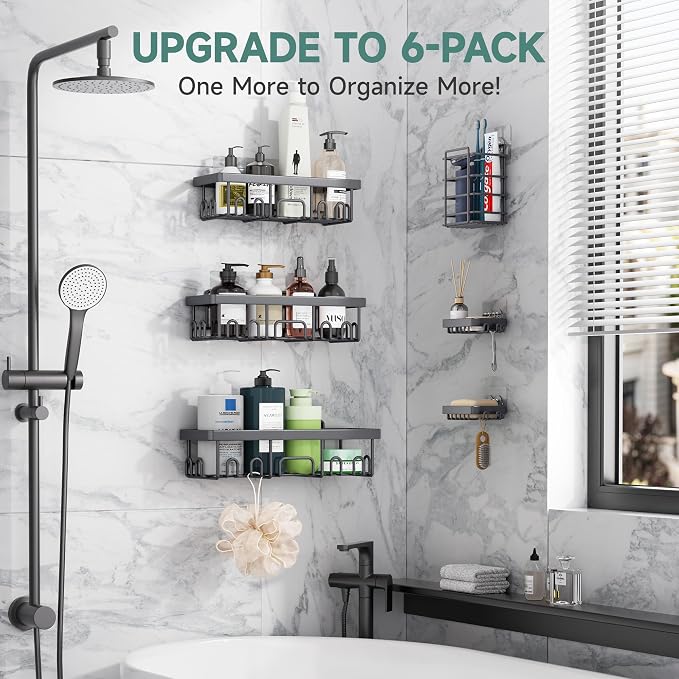 Veken Rustproof & Waterproof Shower Caddy 6-Pack, No Drilling Adhesive Shelves Rack with Soap Holder, Large Capacity Bathroom Organizers and Storage, Wall-Mounted Kitchen & Home Decor, Dark Grey - Image 6