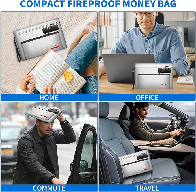Hontom Double Layer Fireproof Money Bag for Cash with Lock & Hidden Zipper | 11"x7" Notary Bag with Skin-Friendly Material, Fire Pouch Holder Wallet for Travel, Passports, Notary Supplies (Silver) - Image 6