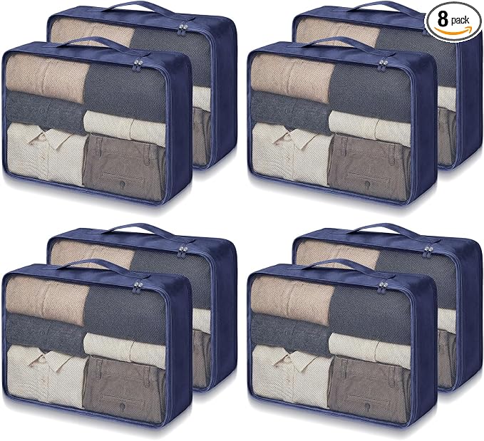 Silkfly 8 Pcs XL Packing Cube for Travel Luggage,Simple,Navy Blue | 17.7 x 13 x 4.7, Same Size, Navy Blue Suitcase Storage Organizer Set, Reusable Mesh Clothes Cube for Hiking Camp Family by Silkfly