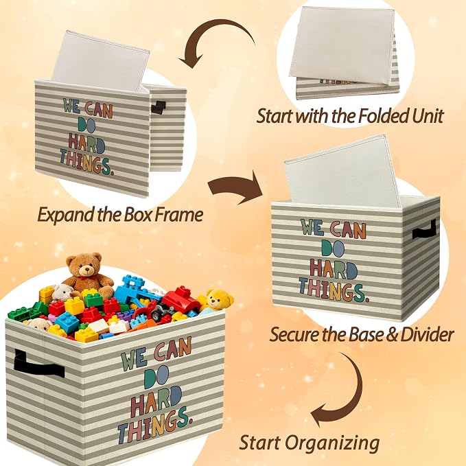 Rustic Boho Classroom Storage Bins Boxes with Handles | toys books clothes, we can do hard things grey striped nursery foldable basket for organizing bedroom toddler room playroom - Image 6