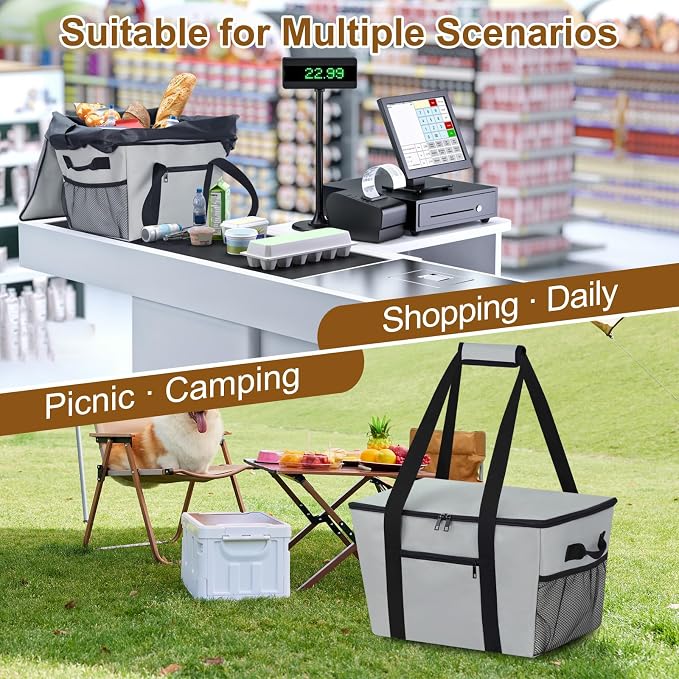 Reusable Grocery Bag – Expandable Insulated Cooler Bag with Bottom Board, Collapsible Insulated Shopping Bag with Zipper & Drawstring, Heavy Duty Tote Bag for Shopping, Delivery, Picnic, Beach - Image 8