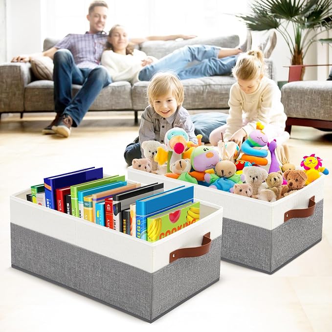 6 Pack Closet Storage Bins, Storage Baskets for Shelves | Linen Closet Organizers and Storage with Leather Handles for Clothes,Towels, Sheets, Jeans, Toys, Books (Grey and White) - Image 5