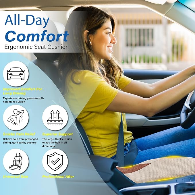 Allaboutsla Car Seat Cushion for Driving, Car Seat Pillow for Short Drivers | Ergonomic Memory Foam Seat Cushion for Pain Relief, Adult Booster Seat for Car, Butt Cushion for Car, Truck, Office, Beige - Image 3