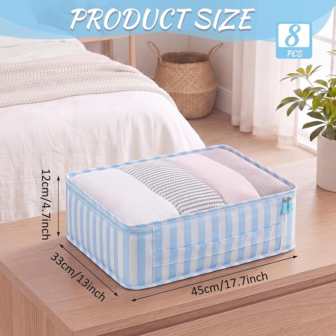 Silkfly 8 Pcs XL Packing Cube for Travel Luggage,Stripe,Blue, White | 17.7 x 13 x 4.7, Same Size, Blue White Stripe Suitcase Storage Organizer Set, Reusable Mesh Clothes Cube for Camp Family - Image 2