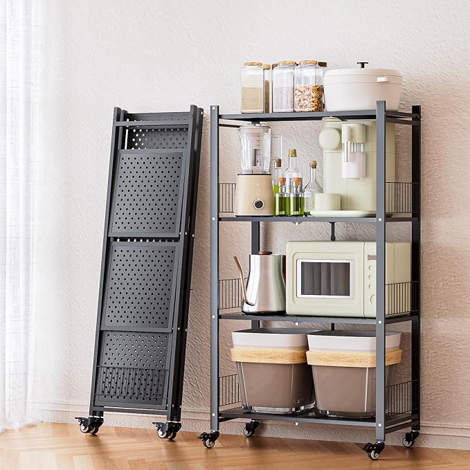 Folding Storage Shelves, 4-Tier Metal Foldable Shelf Shelving Rack Organizer On Rolling Wheels in Kitchen Warehouse Patio Pantry Garage Collapsible Shelves No Assembly (Black, 4-Layer) by Unknown