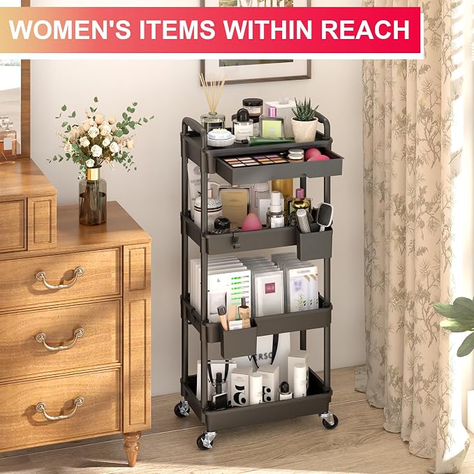 Goovilla 4 Tier Rolling Utility Cart Organizer with Removable Drawer, Black | Stable and Sturdy Rolling Storage Carts with 2 Lockable Wheels for Bathroom, Kitchen, Snack, Craft, Makeup, Baby Essentials - Image 5
