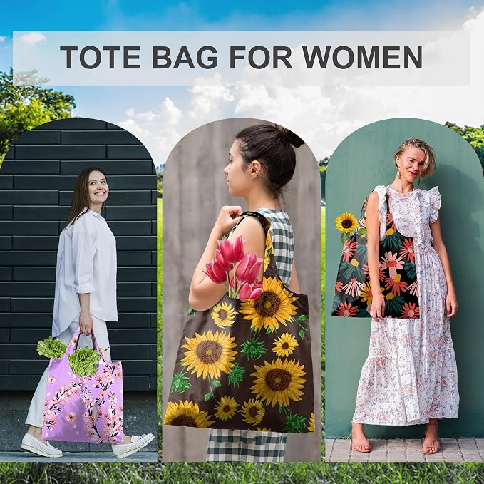 BeeGreen Flower Reusable Shopping Bags Cute Grocery Bag 6 Pack, Christmas Gift Bags Heavy-Duty Foldable Shopping Totes for Supermarket, Work & Travel, Large Washable Polyester Tote Bag with Handles - Image 5