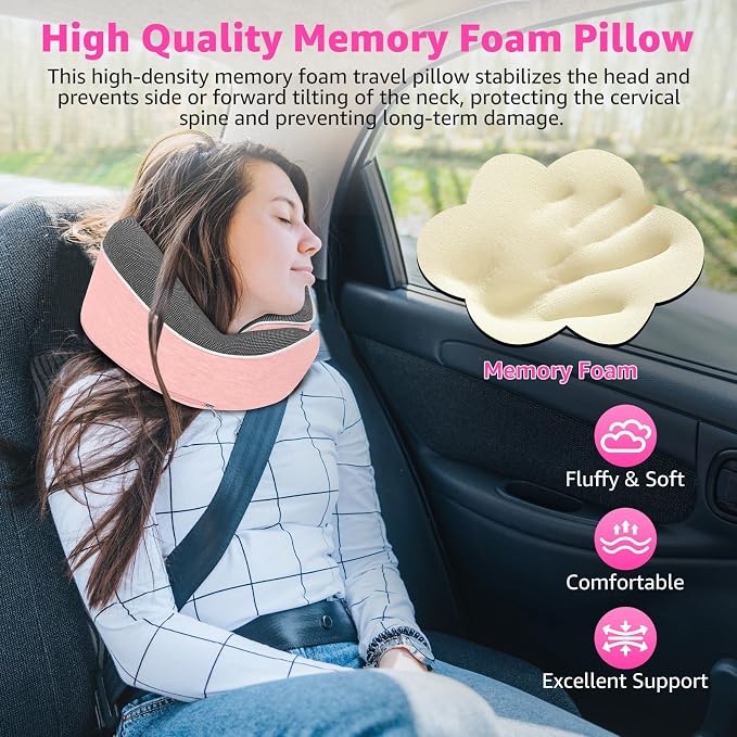 Memory Foam Travel Neck Pillow | Ergonomic 360 Degree Head Support for Airplane, Car and Office Sleeping, with Breathable Cotton Cover and Carry Bag, Pink-2 - Image 6