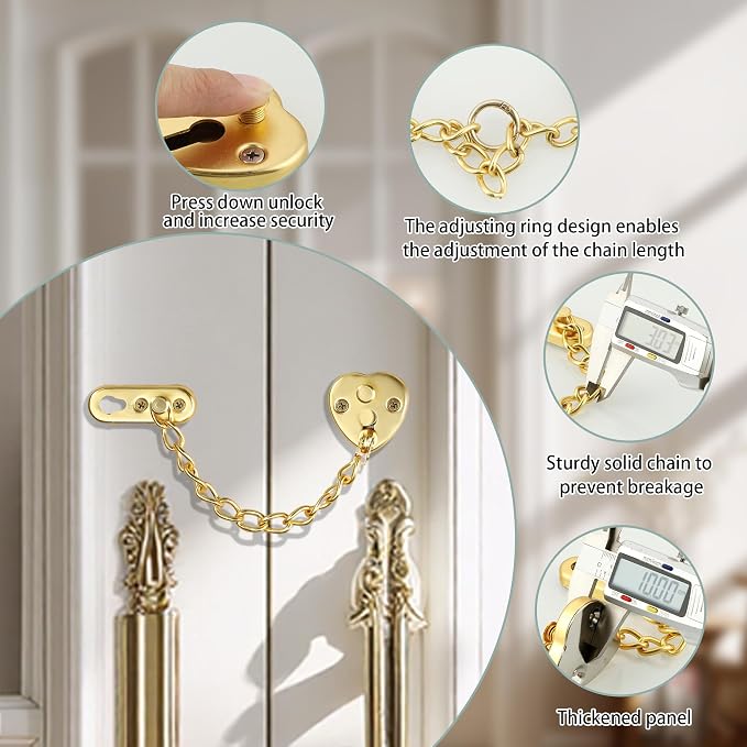 Alise Door Chain Lock, Gold Adjustable Child Proof Security Door Lock for Apartment | Stainless Steel Chain Door Lock,Heart-Shaped Design Press-To-Unlock, Heavy Duty Chain Lock For Bedroom & Travel - Image 3