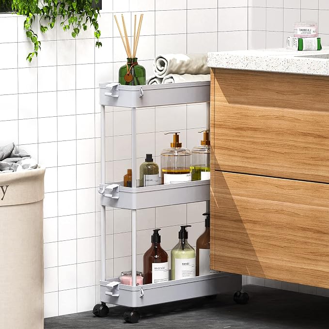 SPACEKEEPER Slim Rolling Storage Cart, 3 Tier Bathroom Cart Organizer, Gray | Narrow Rolling Cart with Wheels for Kitchen Office Bathroom Laundry Room,Mobile Utility Cart for Craft Art Makeup Nail Polish - Image 6