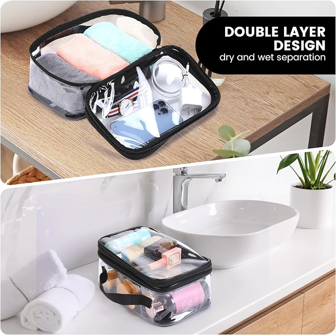 BORMELUN Large Clear travel bags for toiletries pouches carry on reusable,purse see-through plastic pvc TSA airport approved with handle (Black) - Image 3