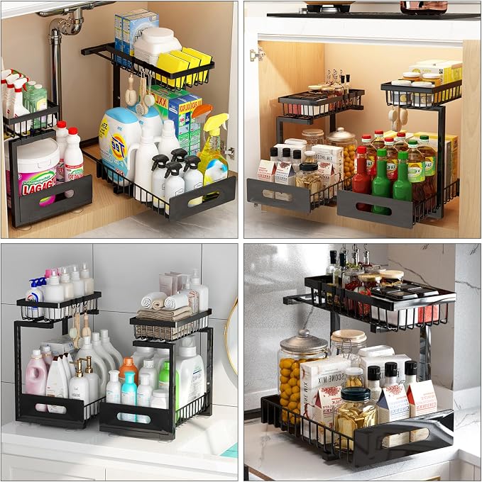 Adoymiro Under Sink Organizer, Adjustable Shelves, 2 Pack Pull Out Cabinet Organizer Slide Out Sink Shelf Cabinet Storage Shelves, Under Sink Storage for Kitchen Bathroom Cabinet - Image 3