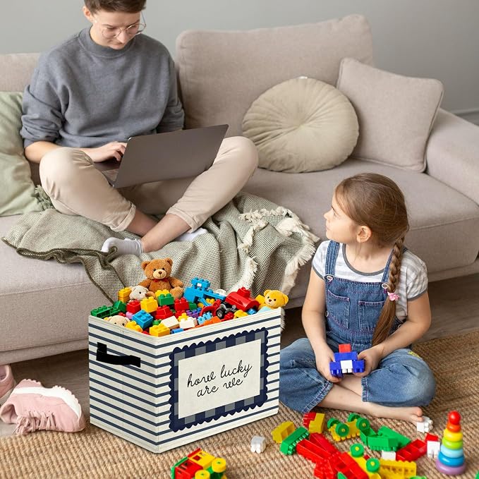 Positive Encouraging Calming Storage Bins Box with Handles Organizer Basket | cheerful uplifting foldable basket for organizing, striped collapsible toys clothes for playroom nursery bedroom, 10x14 in - Image 4