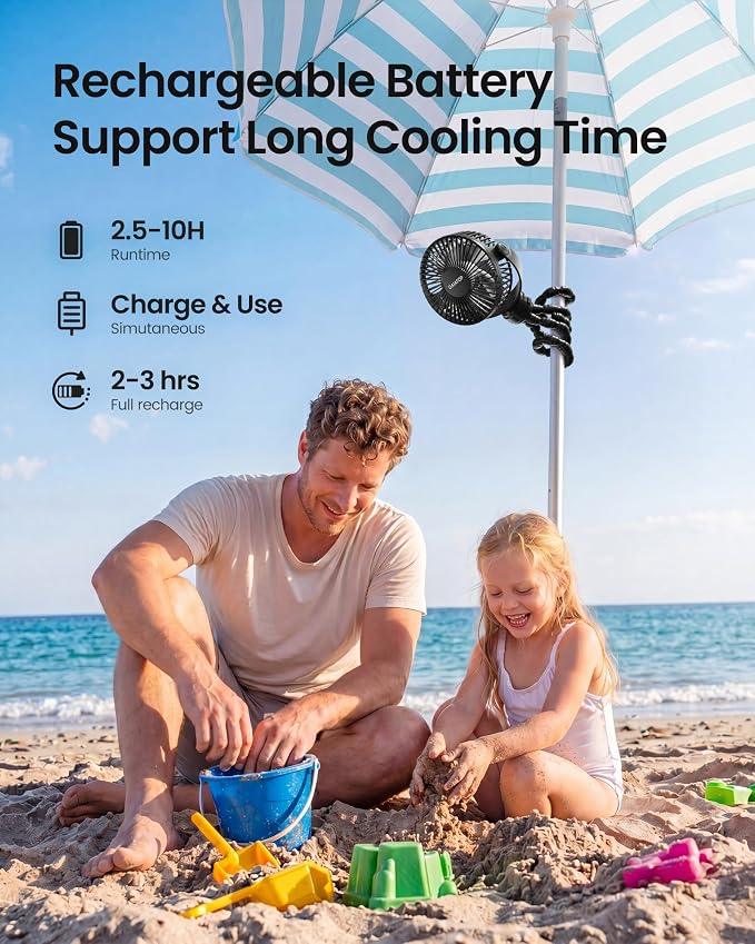 Gaiatop Mini Portable Stroller Fan, Small Clip on Fan 3 Speed Rechargeable | 360° Rotate Flexible Tripod, Battery Operated Detachable, Cooling for Car Seat Crib Treadmill Travel Black - Image 5