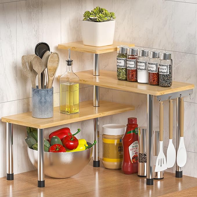 ZHWS Kitchen Countertop Organizer Spice Rack for Salt, Bathroom Counter Organizer Over Sink for Makeup, Skincare, Adjustable 3-Tier Corner Counter Shelf with 4 Hooks for Coffee Bar Dresser Table by ZHWS