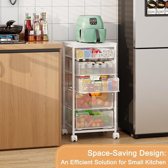 Kitchen Storage Cart with Wheels, 5-Tier Fruit Vegetable Storage Cart, Kitchen Organizer and Storage Cart with Drawers, Wooden Top Metal Wire Pantry Storage Cart for Fruit Snack Onion Potato, White - Image 3