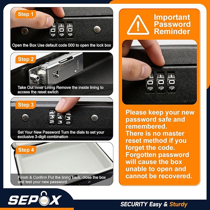 SEPOX® Portable Heavy Duty Steel Lock Box 8.1x5.7in 3ft Cable Combo Safe | For Travel Hotel Office Dorm Compact Steel Alloy Lock Box 3-Digit Code 3ft Steel Cable Secures Cash Passport Jewelry Small - Image 3