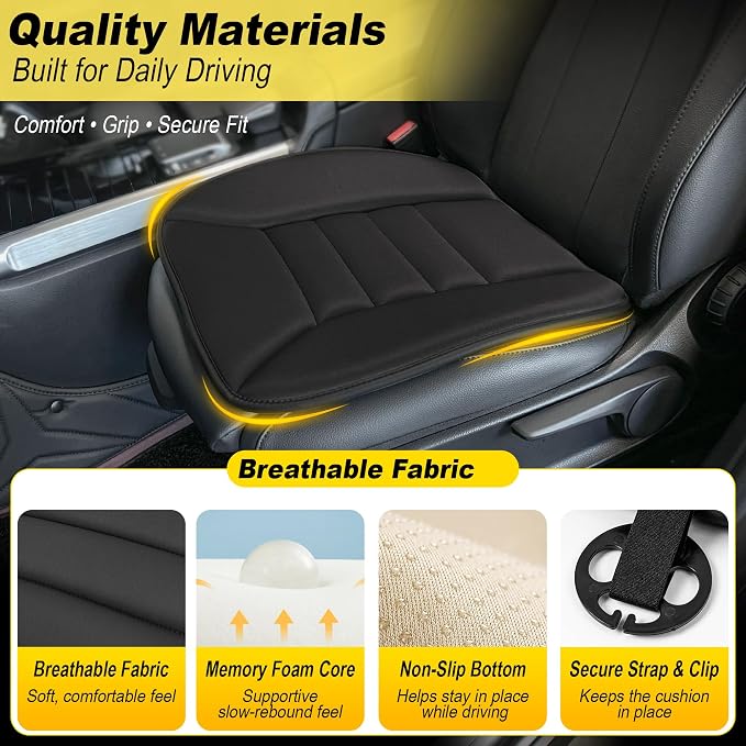kingphenix 3-Piece Memory Foam Car Seat Cushion Set for Driving Comfort | 2 Front Seat Cushions and 1 Rear Bench Pad, 1.2-Inch Memory Foam, Non-Slip Bottom for Sedan, SUV, Truck and Van, Black - Image 6