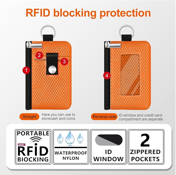 Minimalist RFID Blocking Small Wallet with ID Window,WaterResistant Zip Id Case Wallet with Lanyard Keychain for Cards,Cash,Travel,Women,Men (Orange) - Image 2