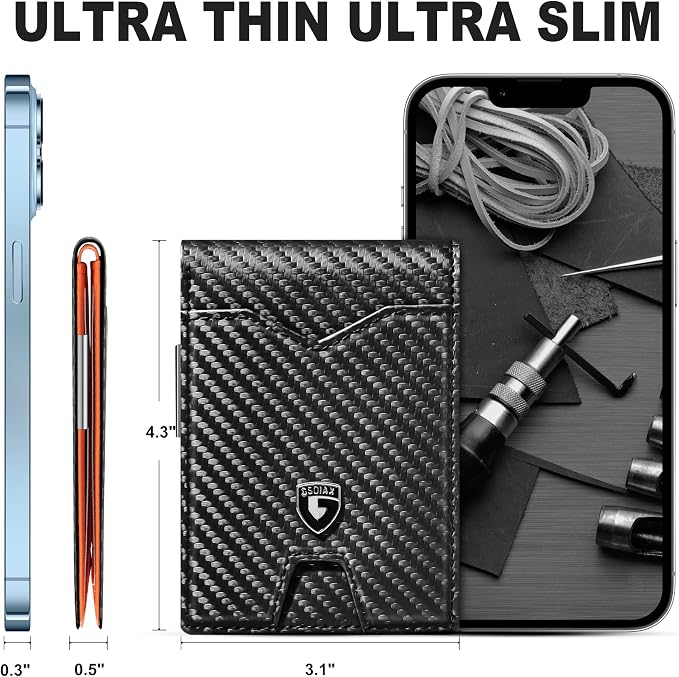GSOIAX Slim Wallet for Men Rfid Blocking Leather Bifold Front Pocket Carbon Fiber Men's Money Clips Credit Card Holder With Gift Box (Carbon Orange money clip) - Image 5
