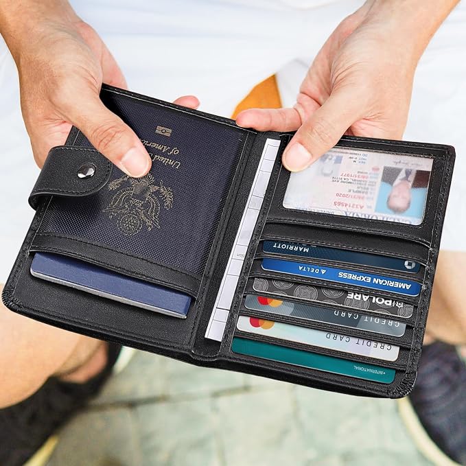 Polare Luxury RFID Blocking Leather Passport Holder Travel Wallet For Men and Women (Black with AirTag Slot(Snap Version)) - Image 2