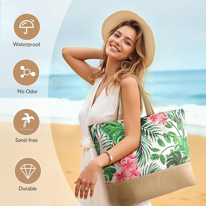 Trifabricy Beach Bags for Women,Waterproof Straw Beach Tote Bag With Zipper | Spacious Storage Capacity, Secure Zipper Closure, Reinforced Carry Handles, Stylish Printed Design For Outdoor Activities - Image 5